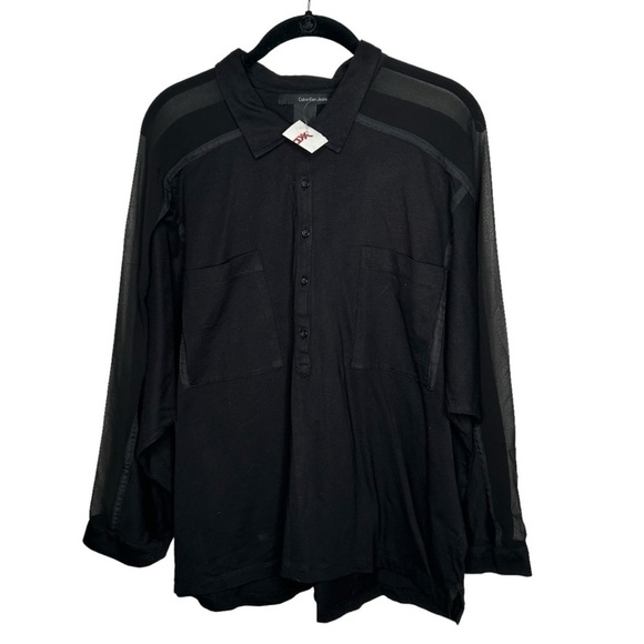 New Calvin Klein Women’s Black Mesh Detail Button Front Dressy Shirt XL BNWOT - Picture 1 of 5